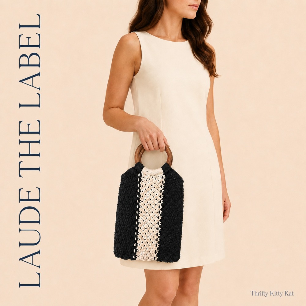 Laude The Label Curateur Gabby Macrame Bag Wood Ring Handle Black Cream NWT OS